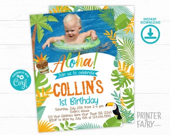 EDITABLE, Luau Birthday Invitation for Landscape Photos, Luau Invitation, Hawaiian Birthday Party, Pool Party Invitation, INSTANT DOWNLOAD