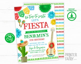 Fiesta Birthday Invitation, Editable Invitation, Cinco de Mayo Invitation, Cinco de Mayo Birthday, Cactus Invitation, INSTANT DOWNLOAD