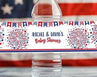 Etiquetas editables para botellas de agua del 4 de julio, ideales para baby showers patrióticos (descarga digital).