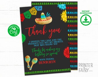 Fiesta Birthday Party Thank You Card, Editable Mexican Fiesta Invitation, Fiesta Decorations, Cinco de Mayo Birthday Time Two Siesta