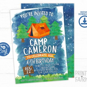 Op de afbeelding: Een blauwe en groene aquarel uitnodiging met een cartoon illustratie van een tent en bomen. De tekst luidt "U bent uitgenodigd voor Camp Cameron om zijn 6e verjaardag te vieren. Aug 22 van 14:00 tot 17:30 uur Camp Cameron 123 Uw adres hier Uw stad, CA 2345 RSVP aan Lauren v&oacute;&oacute;r 20 augustus op 123.4565.7890"