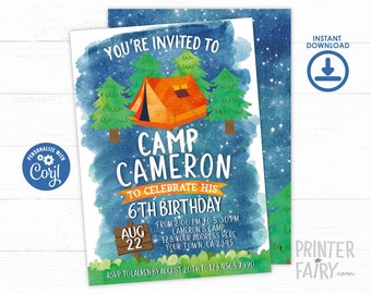 Camping Birthday Invitation, EDITABLE, Summer Camp Birthday Party, Sleepover Invitation, Outdoors Birthday Party, Instant Download