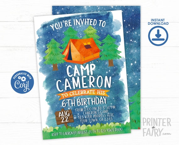 Camping Birthday Invitation, Editable Summer Camp Party (Instant Download)