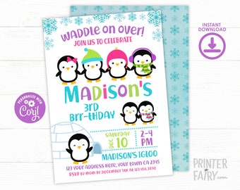 Penguin Birthday Invitation, EDITABLE Invitation, Penguin Birthday Party, Winter Invitation, Christmas Invitation, INSTANT DOWNLOAD