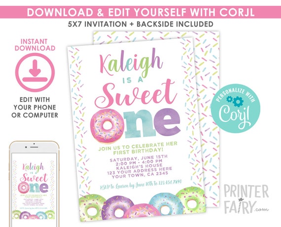 Donut Invitation, First Birthday, EDITABLE Invitation, Donut 1st birthday Invitation, Sweet One Invitation, EDIT YOURSELF with Corjl Il_570xn