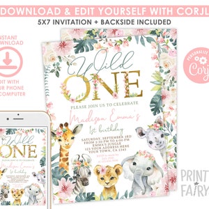 Wild One Birthday Invitation, EDITABLE Jungle Invitation, Safari Birthday Invitation, Girl 1st Birthday Invitation, Floral, INSTANT DOWNLOAD image 2