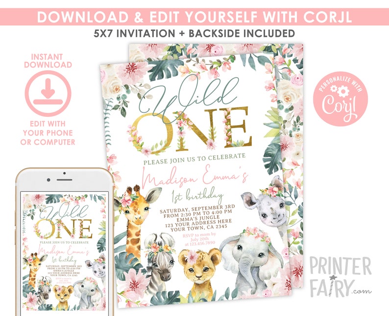 Wild One Birthday Invitation, EDITABLE Jungle Invitation, Safari Birthday Invitation, Girl 1st Birthday Invitation, Floral, INSTANT DOWNLOAD image 2