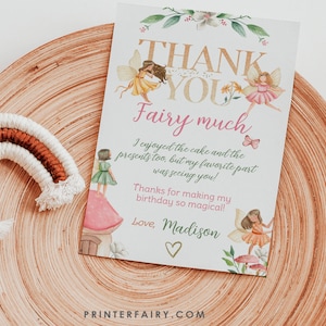 Cartão de agradecimento editável de aniversário de fada, nota caprichosa de festa de outono de fada, festa de jardim de fada de menina, aniversário de princesa, download instantâneo, Corjl