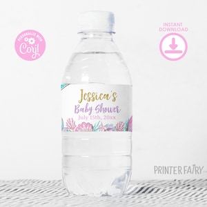 Mermaid Baby Shower Water Bottle Label, Editable Template (Digital Item) image 3