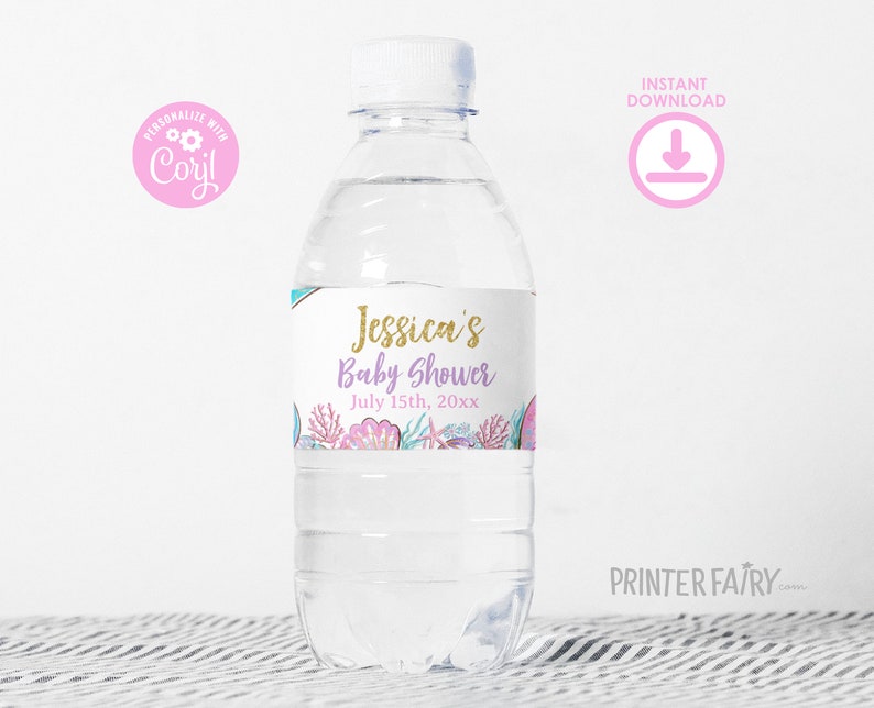Mermaid Baby Shower Water Bottle Label, Editable Template (Digital Item) image 3