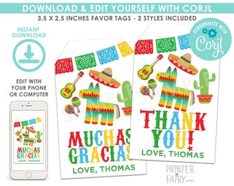 Fiesta Favor Tags, EDITABLE, Cinco de Mayo, Fiesta Decorations, EDIT YOURSELF, Thank You Tags, Instant Download