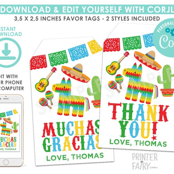 Fiesta Favor Tags, EDITABLE, Cinco de Mayo, Fiesta Decorations, EDIT YOURSELF, Thank You Tags, Instant Download