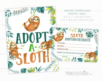 Sloth Adoption Sign + Adoption Certificate, Sloth Birthday Party, Sloth Party Games, Sloth Sign, Boy Birthday INSTANT DOWNLOAD