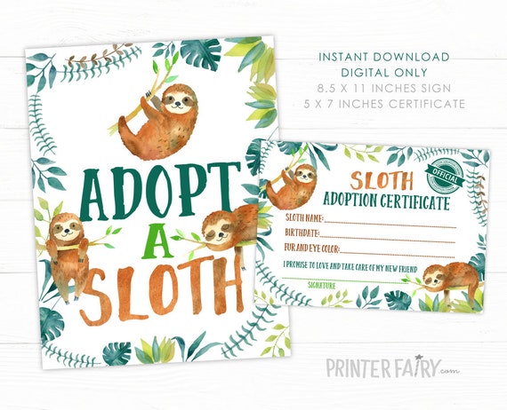 Sloth Adoption Sign + Adoption Certificate, Sloth Birthday Party, Sloth Party Games, Sloth Sign, Boy Birthday INSTANT DOWNLOAD Il_570xn