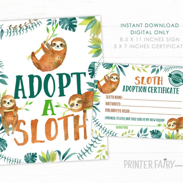 Sloth Adoption Sign + Adoption Certificate, Sloth Birthday Party, Sloth Party Games, Sloth Sign, Boy Birthday INSTANT DOWNLOAD