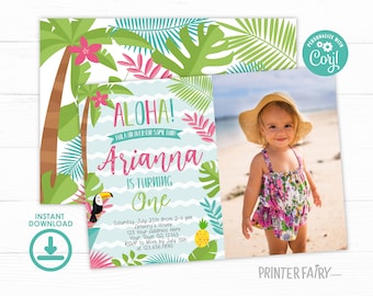 Luau Invitation with photo, EDITABLE, Summer Birthday, Luau 1st Birthday, Luau Birthday Party, Tropical, EDIT YOURSELF Digital Invite