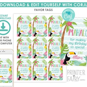 Luau Favor Tags, EDITABLE, Hawaiian Thank You Tags, Beach Birthday Party, Summer Party, Luau Labels, INSTANT DOWNLOAD