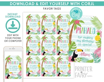 Luau Favor Tags, EDITABLE, Hawaiian Thank You Tags, Beach Birthday Party, Summer Party, Luau Labels, INSTANT DOWNLOAD