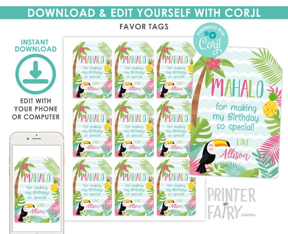 Luau Favor Tags, EDITABLE, Hawaiian Thank You Tags, Beach Birthday Party, Summer Party, Luau Labels, INSTANT DOWNLOAD Il_570xn