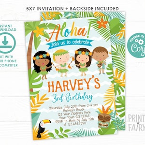 Luau Birthday Invitation, EDITABLE, Hawaiian Birthday Party, Pool Party Invitation, Hawaiian Invitation, INSTANT DOWNLOAD