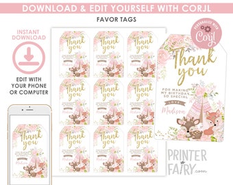 Wild One Girl Favor Tags, EDITABLE, Tribal Woodland Thank You Tags, Woodland Birthday, Boho, DIGITAL, Instant Download