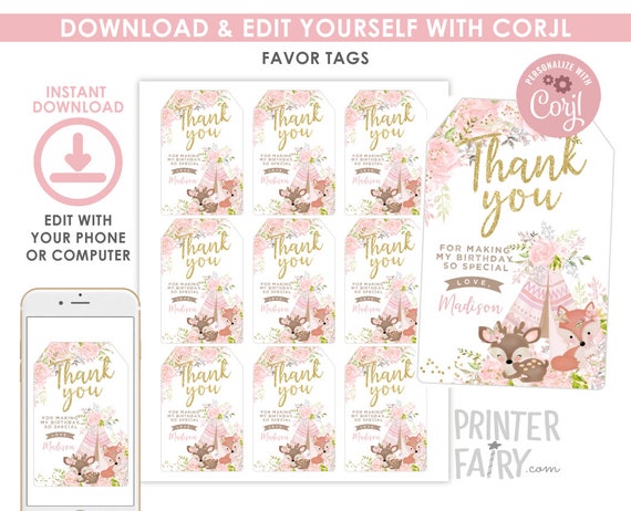 Wild One Girl Favor Tags, EDITABLE, Tribal Woodland Thank You Tags, Woodland Birthday, Boho, DIGITAL, Instant Download Il_570xn