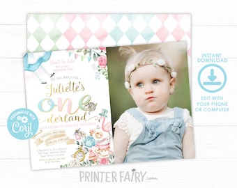 May include: An invitation for a first birthday party with an "Alice in Wonderland" theme. The invitation features a photo of a baby girl, along with colorful illustrations and text. The invitation includes the text "Juliette's ONE derland" and "Instant Download".