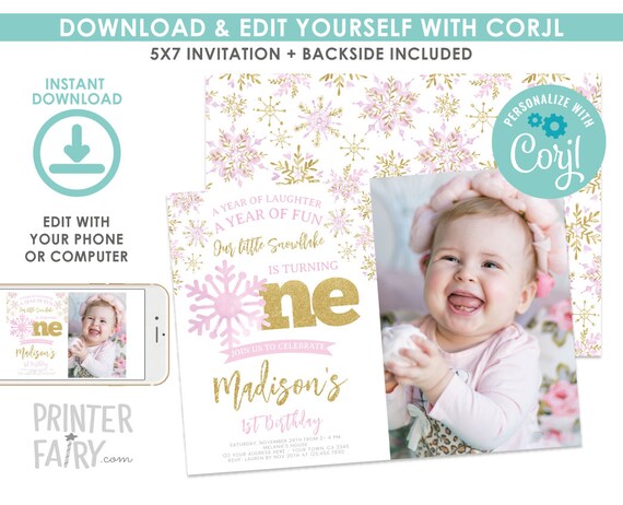 Snowflake Birthday Invitation with Photo, Winter Onederland Birthday Invitation, Little Snowflake Birthday, EDIT YOURSELF Digital Invite Il_570xn