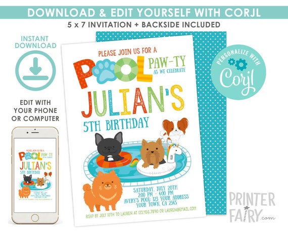 Pet Adoption Invitation, EDITABLE, Pool Party Invitation, Pawty Invitation, Summer Birthday Invitation, Puppies Invitation, INSTANT DOWNLOAD Il_570xn