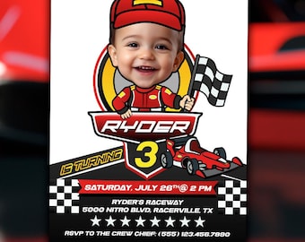 May include: A birthday invitation for a boy named Ryder turning 3. The invitation features a cartoon image of a boy in a race car driver suit holding a checkered flag. The text on the invitation reads "Ryder is turning 3" and includes details about the party, including the date, time, and location. The invitation is decorated with a checkered flag pattern.