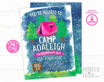 Camping Invitation, Editable, Summer Camp Birthday Party, Sleepover Birthday Invitation, Campout Invite, Instant Download