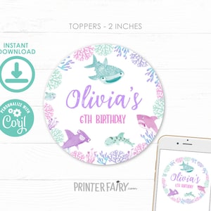 Shark Girl Toppers, EDITABLE, Shark Girl Birthday Party, Under the Sea Birthday Decorations, Printable Round Tags, Stickers INSTANT DOWNLOAD