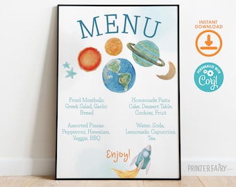 Outer Space Birthday Party Menu, Editable Template, Planets Rocket Ship Party Dinner Table Menu, Galaxy Birthday Party Food Table Sign
