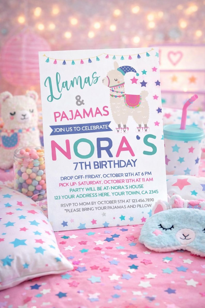 Llama Pajama Party Invitation Editable Template for Any Age, Slumber Party Invite (Instant Download) image 1