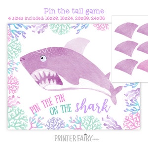 Pin The Fin Spiel, Hai-Geburtstagsfeier, 4 Größen inbegriffen, Shark Girl Partydekorationen, Gesellschaftsspiel, Pin the Tail, DIGITAL, INSTANT DOWNLOAD