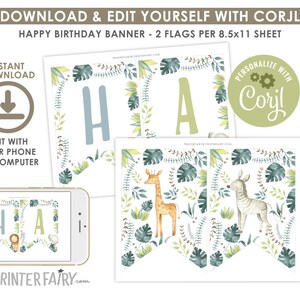Jungle Banner, EDITABLE, Safari Birthday Decorations, Bunting Banner, EDIT YOURSELF, Jungle Animals Printable Banner, Instant Download
