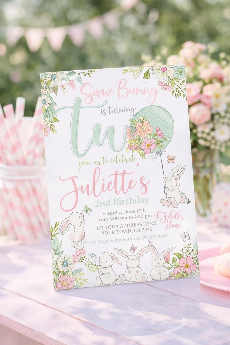 May include: A pastel-colored birthday invitation with the text "Some Bunny is turning Two." The invitation features illustrations of bunnies, flowers, and a balloon. The invitation includes the date, time, and location of the party.
