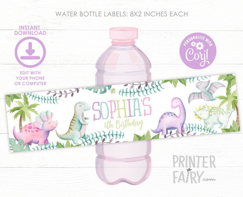 Dinosaur Water Bottle Labels, EDITABLE, Dinosaur Girl Birthday Party, Dinosaur Birthday Decorations, Dinosaur Labels, INSTANT DOWNLOAD image 1