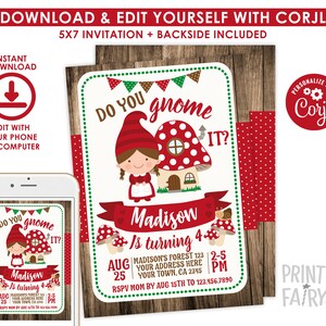 Gnome Birthday Invitation, Editable Character, Woodland Birthday Party, Forest Birthday Invitation, Gnome Invitation, INSTANT DOWNLOAD image 3