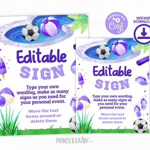 Soccer Pool Birthday Party Editable Sign, Instant Download, Sports Summer Pool Party Sign, Pool Party Bash for Girl, Pool Soccer Birthday