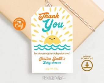 Here Comes the Sun Birthday Party Favor Tags, Instant Download, Birthday Boho Sunshine Party, Sun Party Thank You Tags, Printable Template