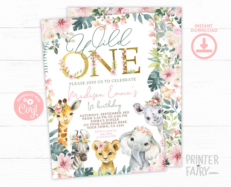 Wild One Birthday Invitation, EDITABLE Jungle Invitation, Safari Birthday Invitation, Girl 1st Birthday Invitation, Floral, INSTANT DOWNLOAD image 1