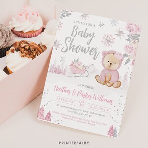 Bear Baby Shower Invitation, We Can Bearly Wait, Winter Wonderland Baby Shower Invite, Instant Download, Editable in Corjl