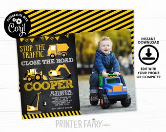 Construction Invitation with Photo, EDITABLE construction birthday Invite, Dump Truck Birthday Party, EDIT YOURSELF Digital Invitation