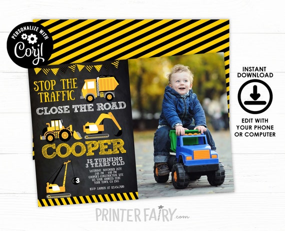 Construction Invitation with Photo, EDITABLE construction birthday Invite, Dump Truck Birthday Party, EDIT YOURSELF Digital Invitation Il_570xn