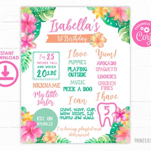 Luau First Birthday Board, Hawaiian Party 1st Birthday Stats, Tropical Birthday Decorations, Luau Birthday Sign, Hawaiian Editable Template image 2