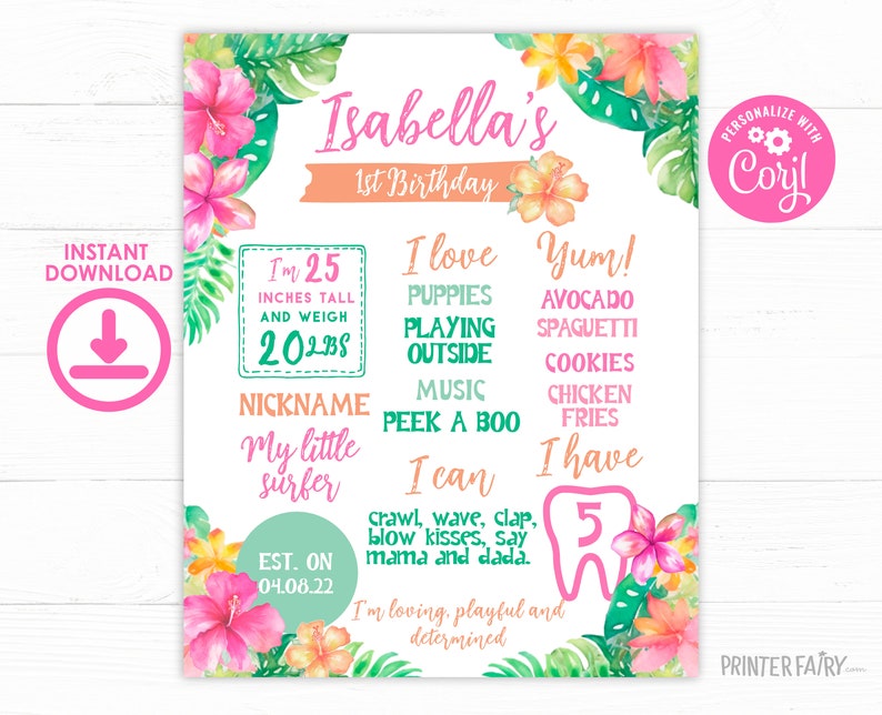 Luau First Birthday Board, Hawaiian Party 1st Birthday Stats, Tropical Birthday Decorations, Luau Birthday Sign, Hawaiian Editable Template image 2