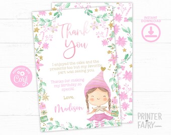 Pink Christmas Thank You Card, EDITABLE, Elf Thank You Note, Christmas Party, Elf Girl Birthday Party, INSTANT DOWNLOAD