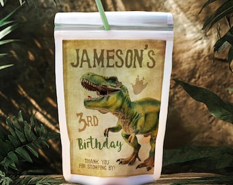 Etiqueta para bolsita de bebida para fiesta de cumpleaños de dinosaurios, diseño de T-rex (EDITABLE, DESCARGA INSTANTÁNEA)