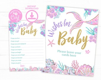 Mermaid Baby Shower Wishes For Baby, Editable Mermaid Wishes For Baby Template, Baby Sprinkle Games, Baby Shower Game, Girl Baby Shower Sign